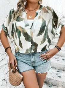 SHEIN LUNE Áo sơ mi Plus Size Nút phía trước Tất cả trên in Giải trí - trắng - Xem 1