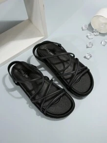 女士防滑交叉平底涼鞋,優雅黑色PVC露跟涼鞋 - 黑色 - 查看 3