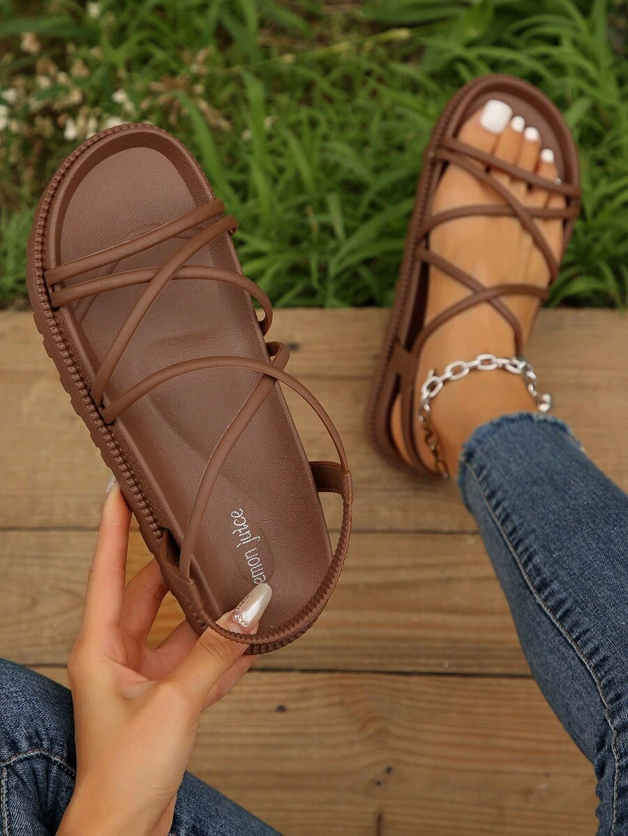 Mujer antideslizante con tira cruzada Sandalias planas , elegante marrón PVC Sandalias destalonadas - Marrón - Ver 1