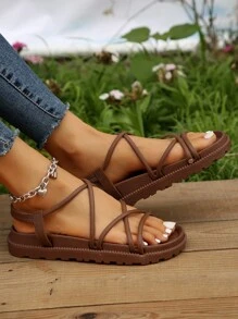 女士防滑交叉平底涼鞋,優雅棕色PVC露跟涼鞋 - 棕色 - 查看 2