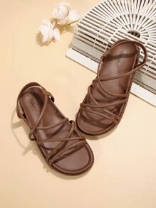 女士防滑交叉平底涼鞋,優雅棕色PVC露跟涼鞋 - 棕色 - 查看 3