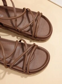 女士防滑交叉平底涼鞋,優雅棕色PVC露跟涼鞋 - 棕色 - 查看 5