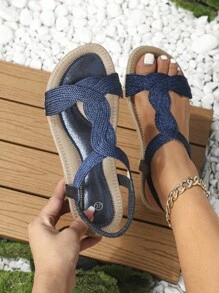 Women Twist Detail Flat Sandals, Fashionable Navy Blue Fabric Slingback Sandals - Navy Blue - View 1