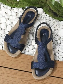 Women Twist Detail Flat Sandals, Fashionable Navy Blue Fabric Slingback Sandals - Navy Blue - View 3