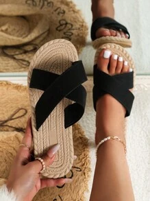 女士交叉平底涼鞋,度假海灘織物涼拖 - 黑色 - 查看 1