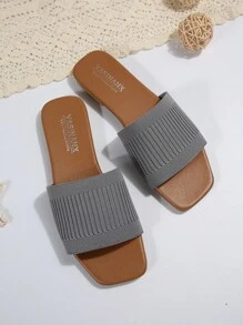 女士一脚蹬平带凉鞋，百搭休闲沙滩拖鞋 - 灰色 - 查看 5