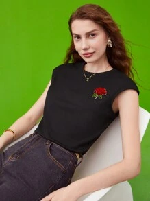 MOTF PREMIUM 玫瑰刺繡T恤 - 黑色 - 查看 2