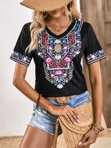 SHEIN LUNE Áo thun nữ Hoa Giải trí - màu đen - Xem 4