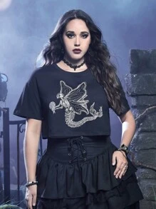 Alice Hơn In Bộ xương Áo thun Thả vai - màu đen - Xem 1