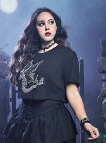 Alice Hơn In Bộ xương Áo thun Thả vai - màu đen - Xem 3