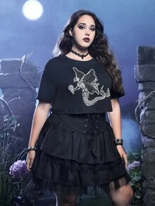 Alice Hơn In Bộ xương Áo thun Thả vai - màu đen - Xem 4