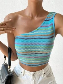 SHEIN Essnce 鋸齒形印花單肩短款上衣 - 藍色 - 查看 6