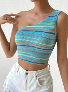 SHEIN Essnce 鋸齒形印花單肩短款上衣 - 藍色 - 查看 5