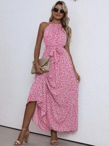 SHEIN VCAY Ditsy Floral Print Belted Halter Dress - Hot Pink - View 1