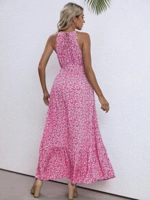 SHEIN VCAY Ditsy Floral Print Belted Halter Dress - Hot Pink - View 2