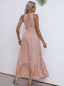 SHEIN VCAY 碎花腰帶掛脖連衣裙 - 橘色 - 查看 2