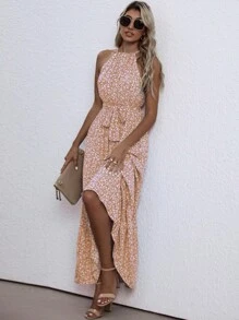 SHEIN VCAY 碎花腰帶掛脖連衣裙 - 橘色 - 查看 3