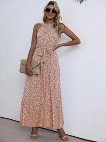 SHEIN VCAY 碎花腰帶掛脖連衣裙 - 橘色 - 查看 4