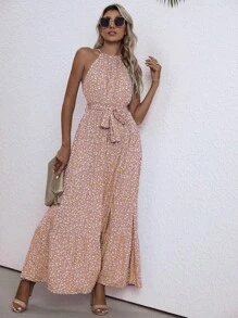 SHEIN VCAY 碎花腰帶掛脖連衣裙 - 橘色 - 查看 5