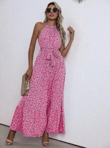 SHEIN VCAY Ditsy Floral Print Belted Halter Dress - Hot Pink - View 5
