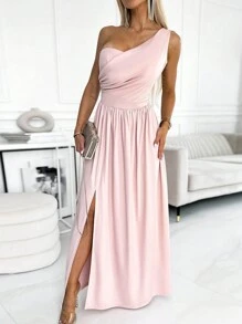 單肩褶邊高衩伴娘連衣裙 - 淺粉色 - 查看 1