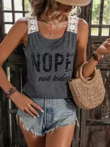 SHEIN LUNE Áo khoác và áo lót dành cho xe tăng nữ Tương phản ren Slogan Giải trí - Màu xám đen - Xem 1