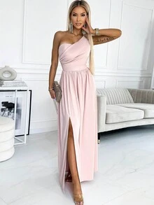 單肩褶邊高衩伴娘連衣裙 - 淺粉色 - 查看 3