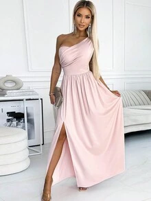 單肩褶邊高衩伴娘連衣裙 - 淺粉色 - 查看 4