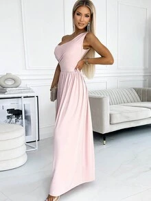 單肩褶邊高衩伴娘連衣裙 - 淺粉色 - 查看 5