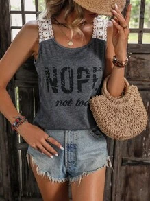 SHEIN LUNE Áo khoác và áo lót dành cho xe tăng nữ Tương phản ren Slogan Giải trí - Màu xám đen - Xem 6