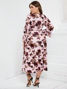 PARTHEA Plus Floral Print Trumpet Sleeve Ruched Split Thigh Dress - Pink - View 2