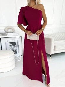 Một bờ vai Tách đùi Váy phù dâu - Màu Hồng Tươi - Xem 1