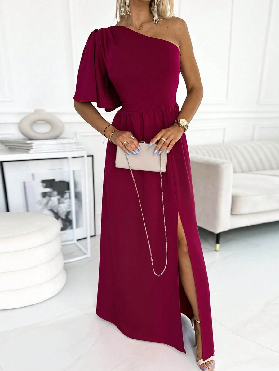 Một bờ vai Tách đùi Váy phù dâu - Màu Hồng Tươi - Xem 1