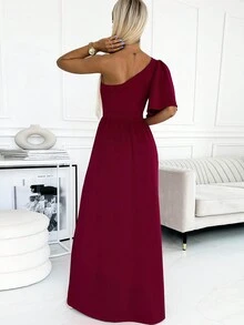 Một bờ vai Tách đùi Váy phù dâu - Màu Hồng Tươi - Xem 2