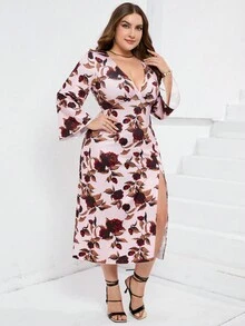 PARTHEA Plus Floral Print Trumpet Sleeve Ruched Split Thigh Dress - Pink - View 4
