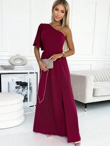 Một bờ vai Tách đùi Váy phù dâu - Màu Hồng Tươi - Xem 4