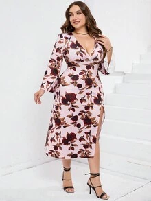 PARTHEA Plus Floral Print Trumpet Sleeve Ruched Split Thigh Dress - Pink - View 5