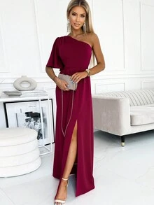 Một bờ vai Tách đùi Váy phù dâu - Màu Hồng Tươi - Xem 5