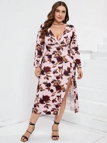 PARTHEA Plus Floral Print Trumpet Sleeve Ruched Split Thigh Dress - Pink - View 8