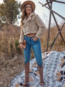 RELISH NOLESS 雙排釦短款毛茸茸外套 - 駝色 - 查看 4