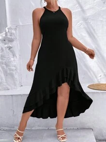 SHEIN Clasi Plus Solid Ruffle Hem Dress - Black - View 1