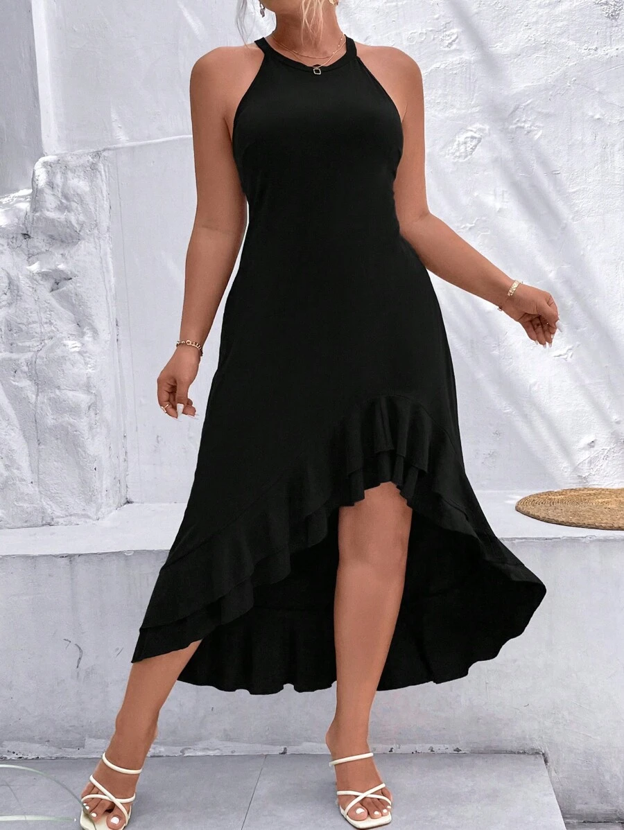 SHEIN Clasi Plus Solid Ruffle Hem Dress - Black - View 1