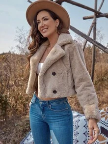 RELISH NOLESS 雙排釦短款毛茸茸外套 - 駝色 - 查看 5