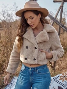 RELISH NOLESS 雙排釦短款毛茸茸外套 - 駝色 - 查看 6