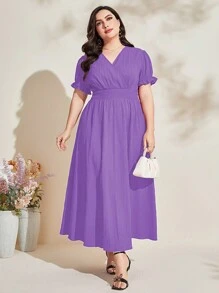 Modelyn Plus 1pc Puff Sleeve Surplice Neck Dress Long Evening Dresses - Mauve Purple - View 1