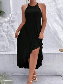 SHEIN Clasi Plus Solid Ruffle Hem Dress - Black - View 7