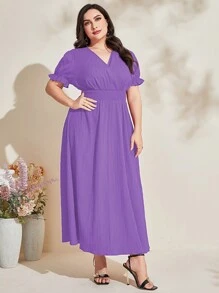 Modelyn Plus 1pc Puff Sleeve Surplice Neck Dress Long Evening Dresses - Mauve Purple - View 4
