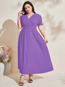 Modelyn Plus 1pc Puff Sleeve Surplice Neck Dress Long Evening Dresses - Mauve Purple - View 5