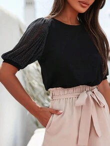 金屬亮絲網紗泡泡袖T恤 - 黑色 - 查看 4