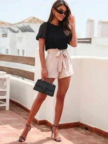 金屬亮絲網紗泡泡袖T恤 - 黑色 - 查看 5